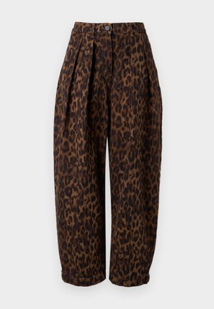 Pantalon taille haute à jambes larges avec imprimé léopard marron foncé et noir, fermeture par bouton et zip, et plis sur le devant.