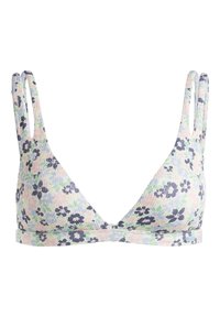 Top de bikini triangular con estampado floral y finas tirantes ajustables. Los colores incluyen rosa pastel, azul y verde con un acabado de tejido texturizado.