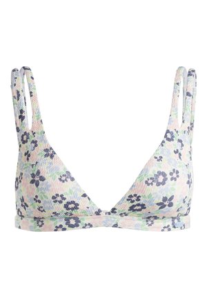 Top de bikini triangular con estampado floral y finas tirantes ajustables. Los colores incluyen rosa pastel, azul y verde con un acabado de tejido texturizado.