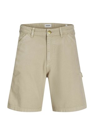 Beige katoenen shorts met een rechte snit, voorzakken en een zijzak. Voorzien van een messing knoopsluiting en gestikte details.