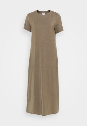 Braunes Maxi-Kleid mit kurzen Ärmeln, Rundhalsausschnitt, geradem Schnitt und weicher Stofftextur.