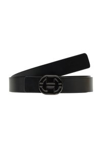 Black leather belt with a smooth texture, featuring a circular, glossy black metal buckle with geometric cutouts.