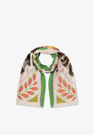 Leichter Schal mit bunten Blumenmustern, grünem Rand und abstrakten Formen, zu einer Schlaufe auf einem weißen Hintergrund gefaltet.