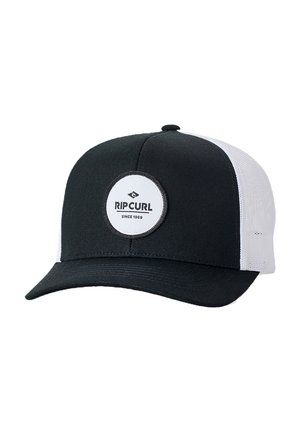 Czarna i biała siatkowa czapka bejsbolowa z zakrzywionym daszkiem i okrągłą naszywką z logo Rip Curl z przodu z napisem "Since 1969."