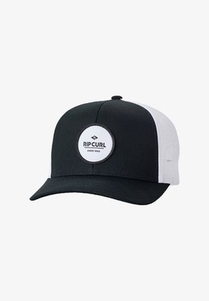 Zwart-witte mesh baseballpet met een gebogen klep en een ronde Rip Curl-logopatch aan de voorkant met de tekst "Since 1969."