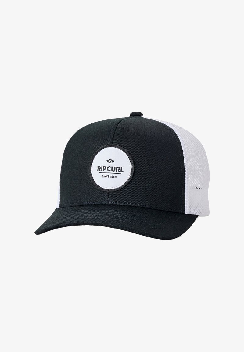 Casquette de baseball en mesh noir et blanc avec une visière courbée et un patch circulaire du logo Rip Curl à l'avant indiquant "Depuis 1969."