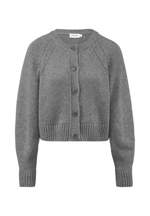 Cardigan grigio lavorato a maglia con scollatura arrotondata, maniche lunghe a raglan, chiusura frontale con cinque bottoni e orlo e polsini a coste.
