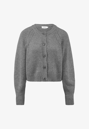 Grijze gebreide cardigan met een ronde halslijn, lange raglanmouwen, sluiting met vijf knopen aan de voorkant en ribgebreide onderrand en manchetten.