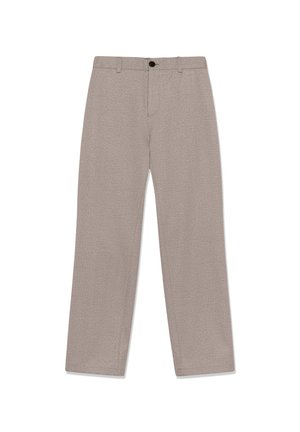 Beežid tekstuuriga püksid sirge säärega, millel on nööpkinnitus, vööaugud ja puhas viimistlus säärte ääres.