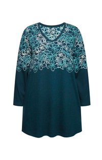 Tunika pitkällä hihalla, teal-värinen, kevyt sinivalkoinen kukkakuosi rinnassa. V-pääntie, pyöristetty helma, pehmeä rakenne.