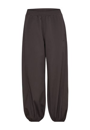 Losse donkerbruine broek met elastische taille en geplooide elastische boorden, ontworpen voor een ontspannen pasvorm.