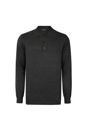 Polo de manga larga en gris oscuro, confeccionado en tejido de punto. Presenta una tapeta de tres botones y un cuello en contraste con un dobladillo acanalado.
