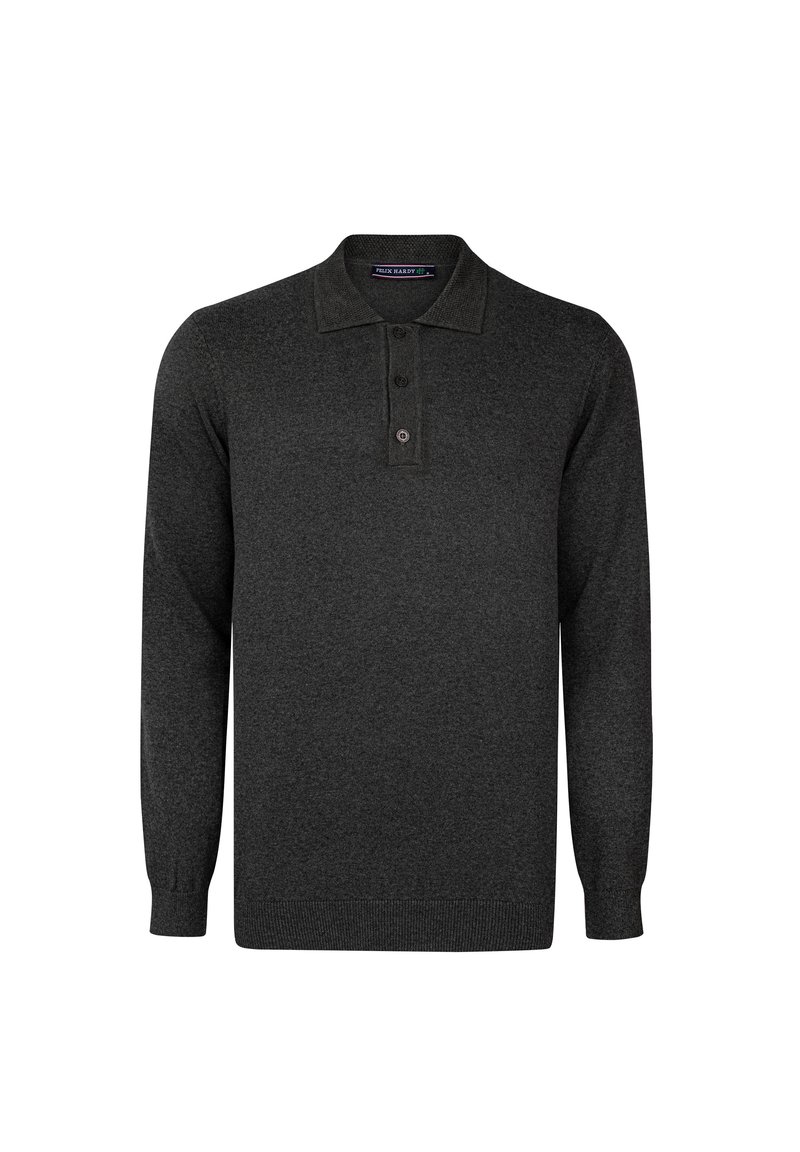 Mørkegrå langærmet polo sweater lavet af strikket stof. Har en tre-knap lukning og en kontrasterende krave med ribkant.