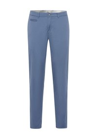 Pantaloni azzurri chiari realizzati in tessuto misto cotone. Presentano una tasca frontale, zip e passanti per cintura. Design a gamba dritta con una texture liscia.