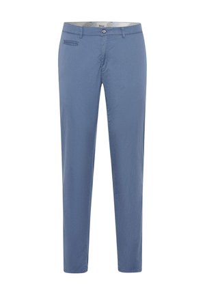 Light blue trousers made of cotton blend fabric. Features a front pocket, zipper fly, and belt loops. Straight-leg design with a smooth texture.