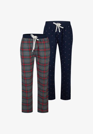 Twee paar herenslaapbroeken: één grijs geruit met rode en groene strepen, de andere marineblauw met een klein herhaald patroon, beide met trekkoorden.