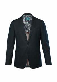 Mörkblå kavaj med slagkrage, två framfickor och två knappar. Blommönstrad foder. Materialet verkar strukturerat och slätt.