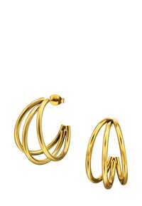 Orecchini a cerchio in tonalità oro con un design intrecciato a più anelli, con una finitura lucida e chiusura a scatto sicura per un facile indosso.