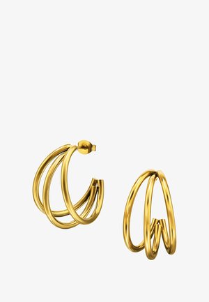 Boucles d'oreilles créoles dorées présentant un design torsadé à multi-boucles avec une finition brillante et un fermoir à charnière sécurisé pour un port facile.