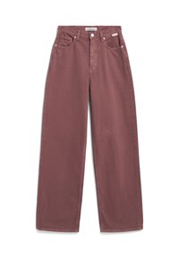 Pantalon droit couleur rose poudré avec cinq poches, fermeture par bouton et zip, et étiquettes de marque sur la ceinture et la poche.