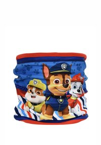 Multicolored nek gaiter met cartoon honden op een blauw en rood gestreept achtergrond, gemaakt van rekbaar materiaal met een elastische bovenrand.
