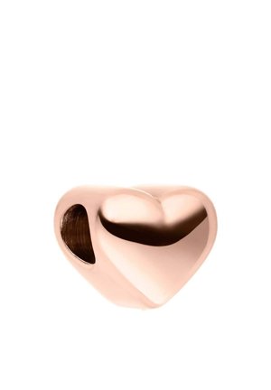 Glänzende roségoldfarbene herzförmige Perle mit glatter Oberfläche und einem Loch auf einer Seite zum Auffädeln auf eine Halskette oder ein Armband.