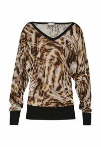 Locker sitzender Pullover mit V-Ausschnitt in einem braunen und beigen Leopardenmuster, mit schwarzen gerippten Bündchen und Saum, gefertigt aus weichem, strukturiertem Material.