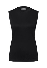 Débardeur noir sans manches à col rond, coupe slim et tissu en coton lisse, vu de face sur un fond blanc uni.