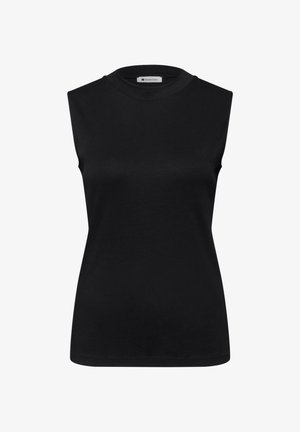 Sort ærmeløs tanktop med rund hals, slank pasform og glat bomuldstof, set forfra på en ensartet hvid baggrund.