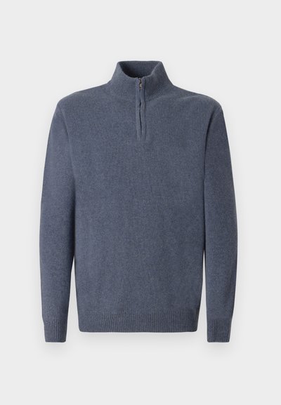 Sötétkék, struktúrált kötésű, negyed cipzáros pulóver. Rugalmas gallérral és mandzsettával rendelkezik, sima testalkata pedig szabott megjelenést kölcsönöz.