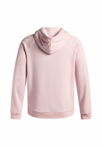 Sweat à capuche rose clair avec un ourlet et des poignets côtelés. Texture lisse, présentant une coupe classique et des manches raglan. Aucun logo visible.