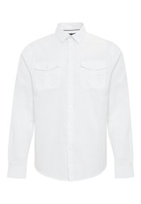 Camisa blanca de manga larga hecha de lino, con un cuello abotonado, dos bolsillos en el pecho con solapa y un corte relajado.