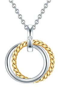 Hängsmycke med sammanlänkade ringar i silver och guld, som har en snodd guld ring och en slät silver ring, med en diamantaccent.