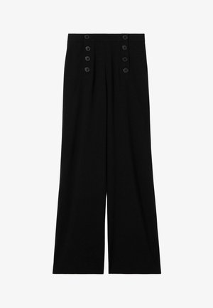 Pantalones negros de pierna ancha con talle alto y dos filas verticales de tres botones negros en la cintura frontal.