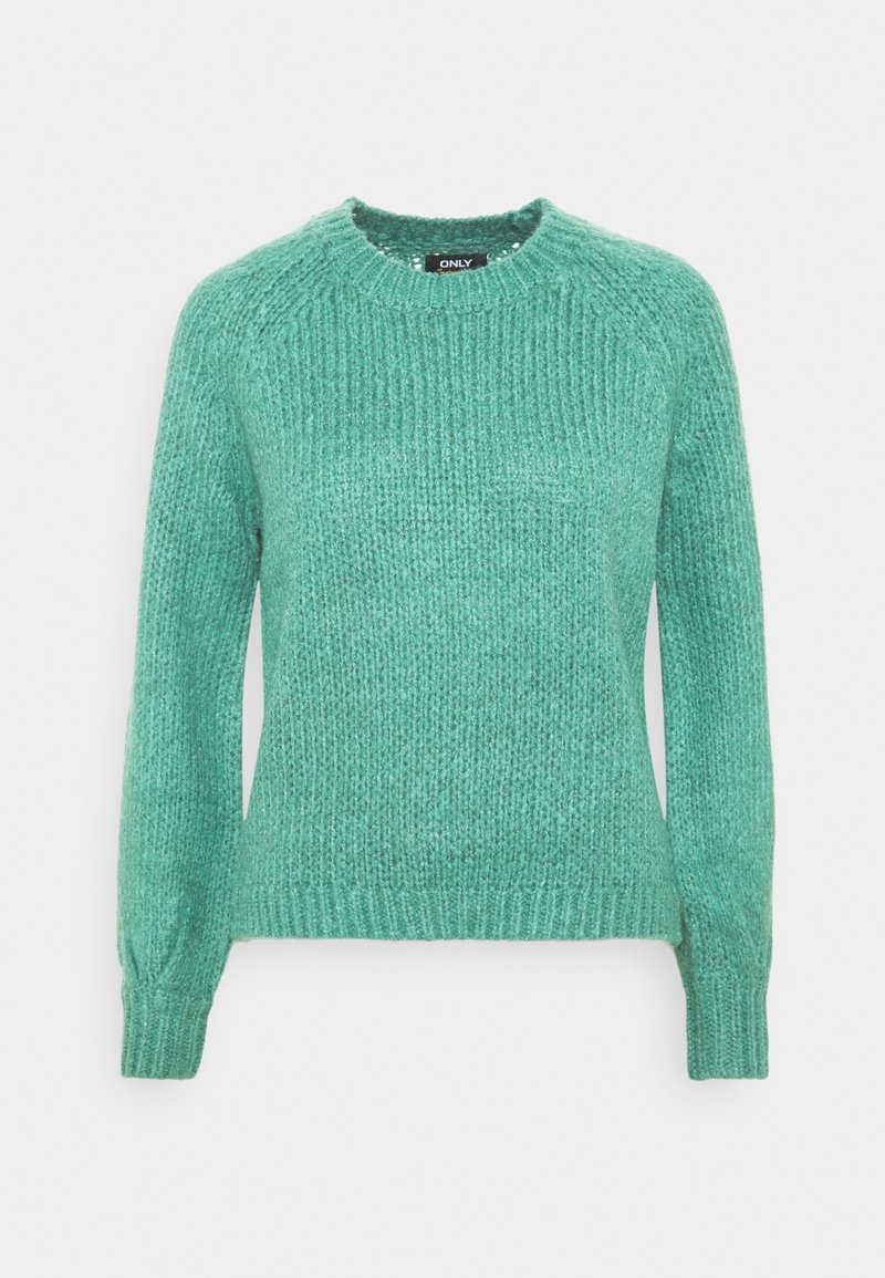 Türkisfarbener Strickpullover mit Rundhalsausschnitt, langen Ärmeln und gerippter Struktur. Verfügt über einen geraden Schnitt und dezente, gesprenkelte Details.