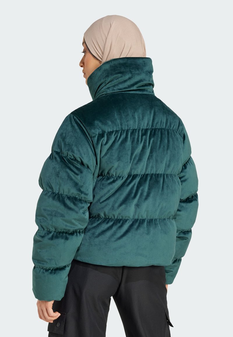 Grüne Samt-Puffjacke mit hohem Kragen, gestepptem Design und dicker, plüschiger Textur. Modell von hinten gezeigt, mit einem beigen Kopftuch.