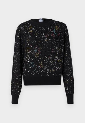 Maglione nero con un motivo stellato di punti multicolori e disegni ricamati, con polsini e vita a costine.