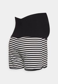 Calções pretos de cintura alta com um padrão riscado em preto e branco. Feitos de um tecido suave, apresentando uma textura lisa e um design ajustado.