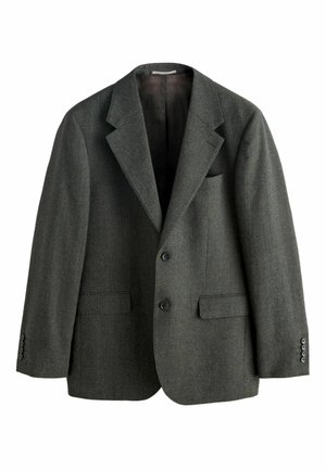 Šedý vlnený blejzer s klopovým golierom, dvoma gombíkmi a dvoma prednými vreckami. Textúrovaná tkanina s hladkým vnútorným podšívaním.