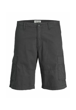 Charcoal cargo shorts made of cotton, featuring multiple side pockets, a button closure, and a straight leg design.