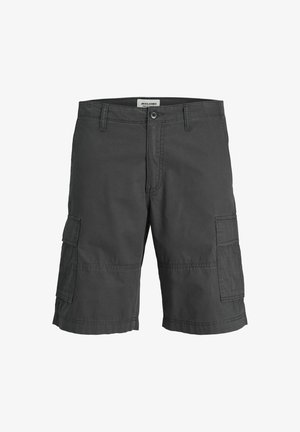 Süsinikust cargo lühikesed püksid, mis on valmistatud puuvillast, mitmete külgtaskutega, nööbiga kinni pandud ning sirge jala disainiga.