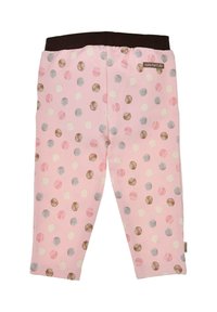 Pink cotton leggings featuring a polka dot pattern in shades of pink, gray, and brown, with a brown elastic waistband and a brand label.