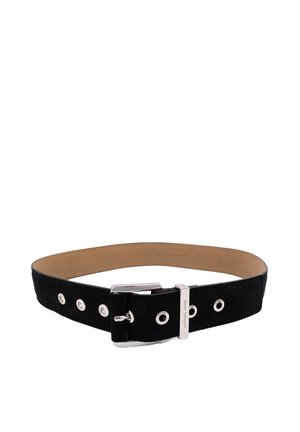 Black suede belt with silver-tone hardware, featuring multiple grommet holes, a rectangular buckle, and a smooth interior leather lining.