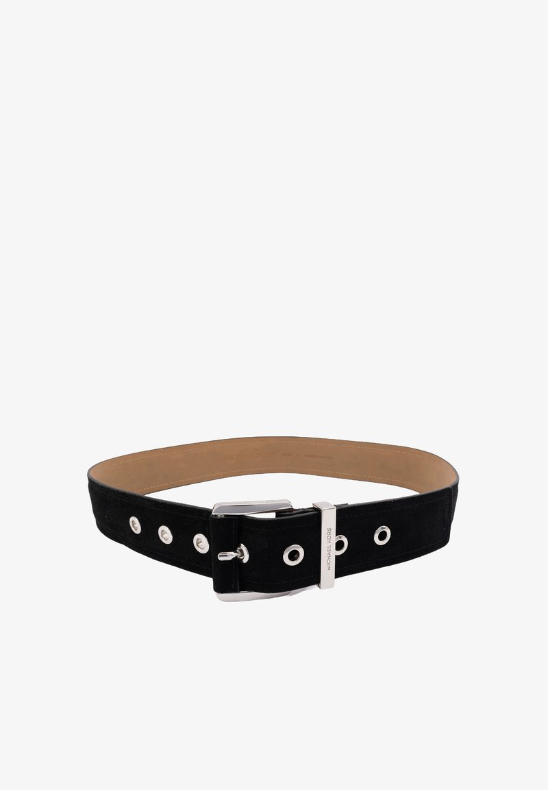 Black suede belt with silver-tone hardware, featuring multiple grommet holes, a rectangular buckle, and a smooth interior leather lining.