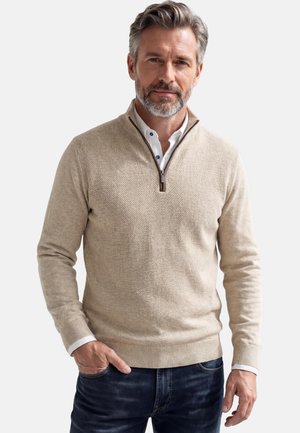 Middle-aged man with gray hair and beard wearing beige textured half-zip sweater over white shirt and dark jeans, standing with one hand in pocket.