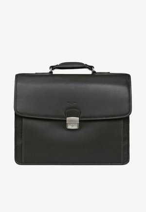 Czarna skórzana teczka o strukturalnym designie. Posiada zamek na przedniej klapie, srebrne okucia oraz kontrastowe szwy.