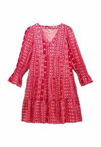 Czerwona, wzorzysta sukienka z dekoltem w kształcie litery V, długimi rękawami i falbaniastą spódnicą. Posiada geometryczne i kwiatowe wzory w różnych odcieniach różu.