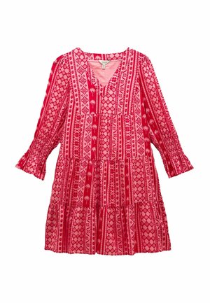 Red, patterned dress with a V-neck, long sleeves, and tiered skirt. Features geometric and floral designs in varying shades of pink.