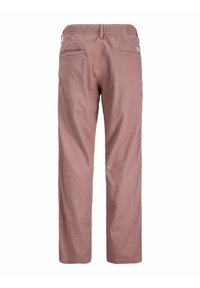 Ροζ casual παντελόνι με ελαστική μέση και δύο πίσω τσέπες τύπου welt, εμφανιζόμενο από πίσω σε λευκό φόντο.