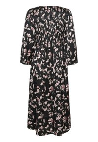 Rochie neagră cu mâneci lungi, având un model floral în nuanțe de roz și alb. Bustul plisat și silueta fluidă. Material moale și ușor.